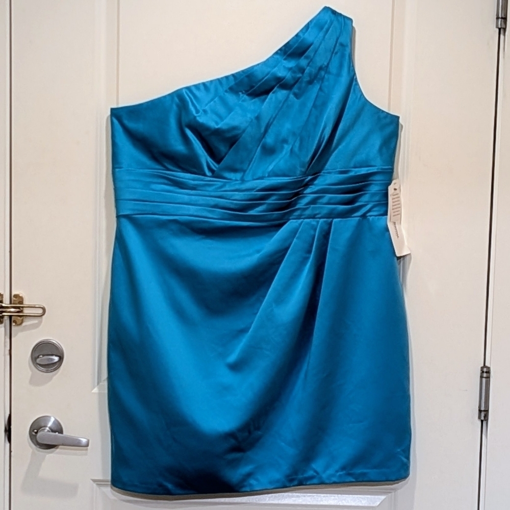 NWT David's Bridal 20 Turquoise Satin One Shoulder Bridesmaid Mini Dress